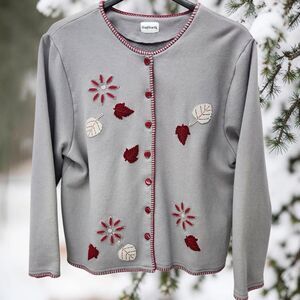BonWorth Fall Fleece Cardigan Womens XL Gray Red Floral Leaf Motif Whipstitch